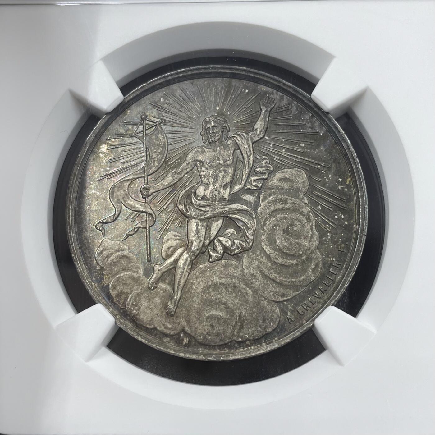 「木头集藏」章牌精品专场！ 1857年法国职业意外保险银章，MS 62 ，直径：32 mm，少见银章。