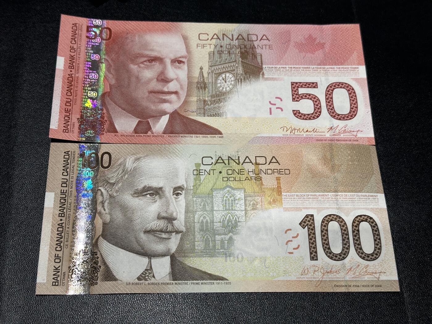 《外钞收藏家》第五百八十八期（优质场）（本平台长期征集拍品、欢迎藏友们联系合作） 加拿大之旅系列50/100元一对（50元UNC-，100元裸钞绝品）	UNC