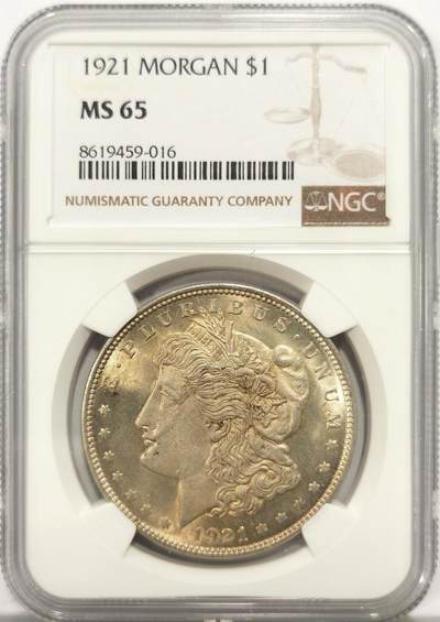 博洋堂世界钱币拍卖第149期（全场包邮） - NGC MS65 美国1921年摩根银币，双面极美香槟金包浆，转光好品，一步到位的好品相。