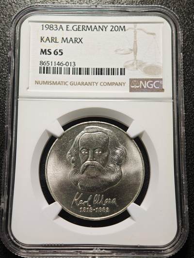 【德藏】世界币章拍卖第155期（拍品征集中~欢迎藏友联系） - 1983年 德国卡尔·马克思逝世百年20马克纪念镍币 NGC MS65 原光十足