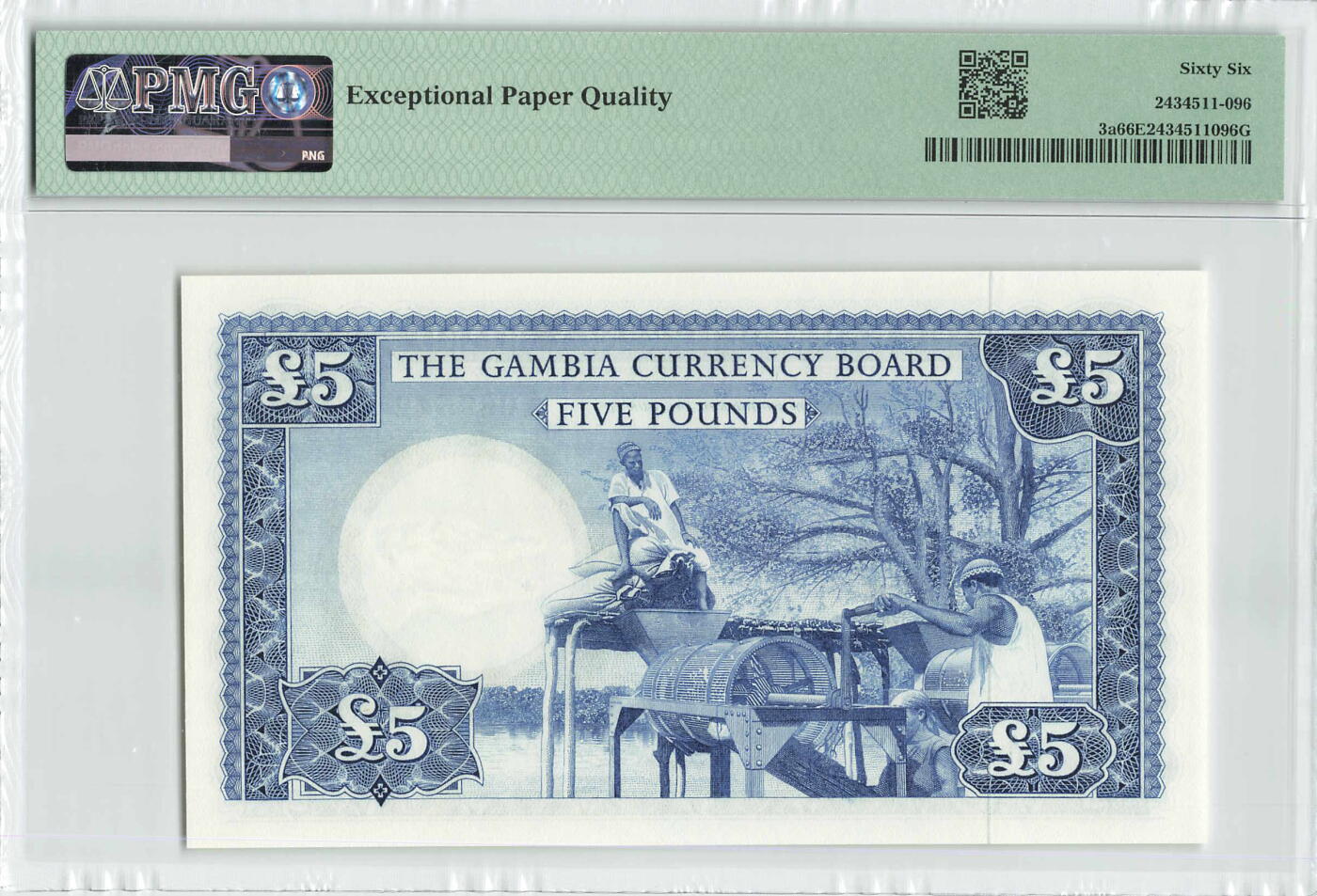 小福收藏拍卖第196期 评级币精选场 本期有68分倒置号布隆迪世界最大纸币 泰国69年10铢纪念钞0A冠百位倒置号  文莱06年500吉令特首年首冠 丹麦经典大松鼠 俄罗斯 玻利维亚 东加勒比 亚美尼亚等多国精美高分珍稀老钞精品纸币 冈比亚 1965-70年 5镑 该国首套纸币 A冠 PMG66 EPQ 季军分