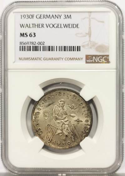 博洋堂世界钱币拍卖第149期（全场包邮） - NGC MS63 德国魏玛1930年弗洛尔瓦伊德3马克银币。