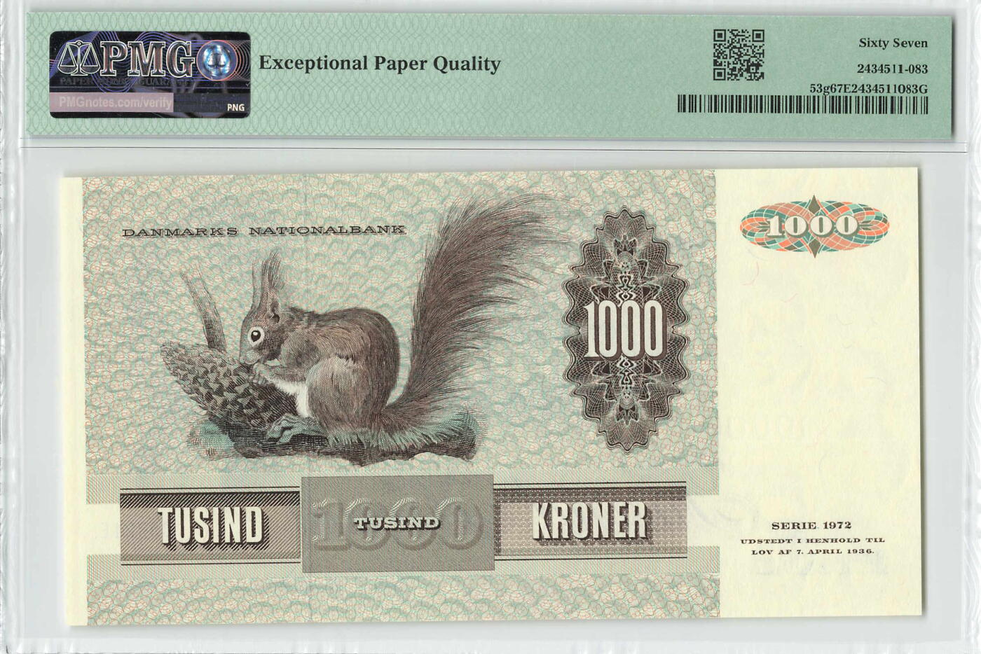 小福收藏拍卖第196期 评级币精选场 本期有68分倒置号布隆迪世界最大纸币 泰国69年10铢纪念钞0A冠百位倒置号  文莱06年500吉令特首年首冠 丹麦经典大松鼠 俄罗斯 玻利维亚 东加勒比 亚美尼亚等多国精美高分珍稀老钞精品纸币 丹麦 1992年 1000克郎 经典大松鼠 PMG67 EPQ 季军分