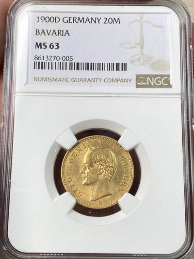 万国钱币拍卖第056期 - NGC MS63 1900年德国巴伐利亚疯王奥拓流通长翅20马克金币 早年高分难度极大的流通品种 金光闪闪 NGC亚军分 7.96g 900金