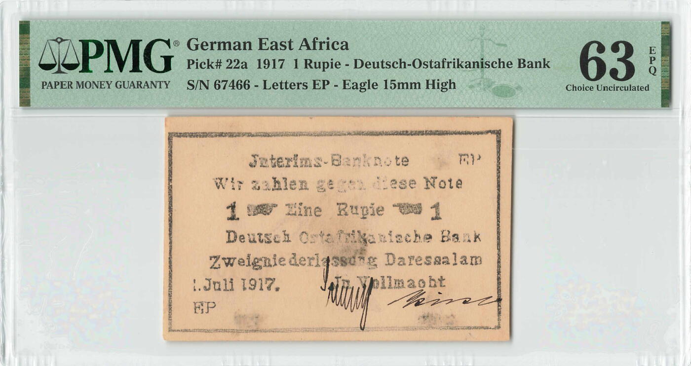 小福收藏拍卖第196期 评级币精选场 本期有68分倒置号布隆迪世界最大纸币 泰国69年10铢纪念钞0A冠百位倒置号  文莱06年500吉令特首年首冠 丹麦经典大松鼠 俄罗斯 玻利维亚 东加勒比 亚美尼亚等多国精美高分珍稀老钞精品纸币 德属东非 1917年 1 Rupie 著名的“丛林票” 数3 双尾 PMG63 EPQ 唯1亚军分（冠军分仅1枚）