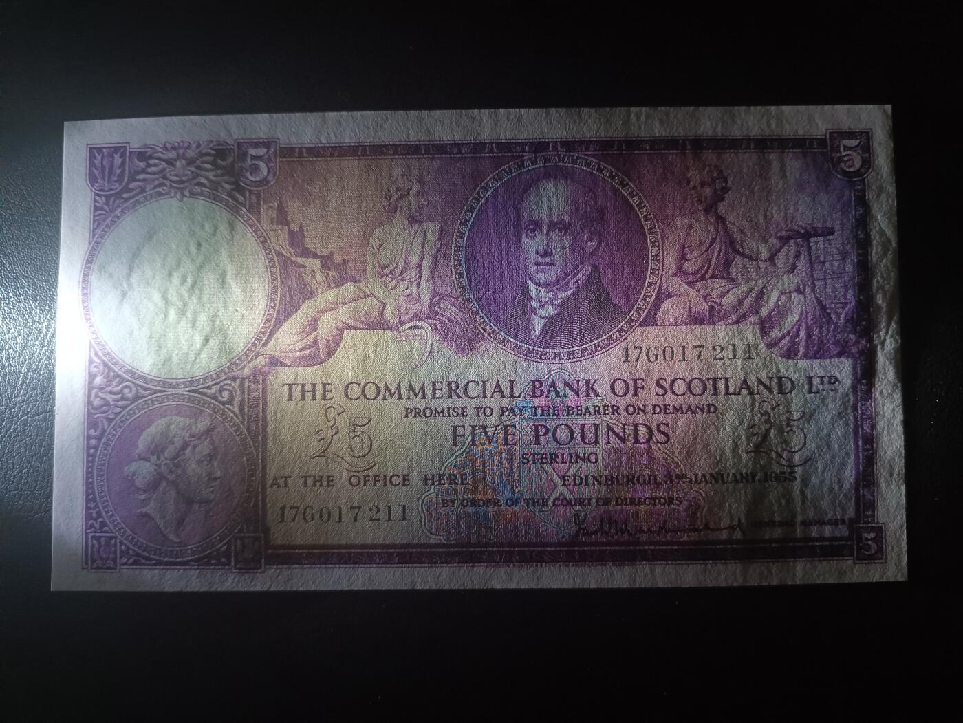 2025十一月第七期，总205期 苏格兰国家商业银行1955年5镑AUNC，银行创始人和银行19世纪的图景，稀有早期紫色版本
