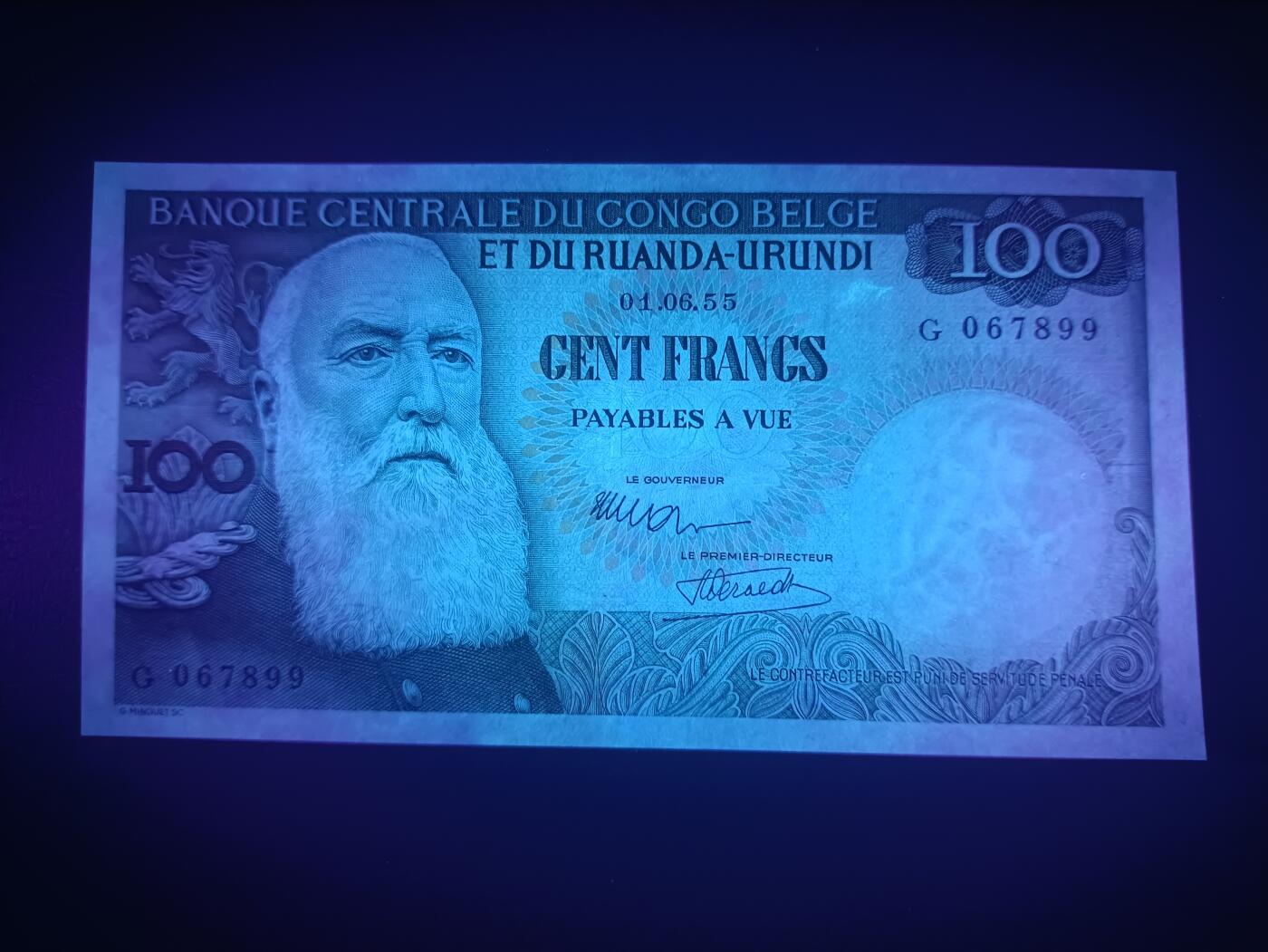2025十一月第七期，总205期 比属刚果（现刚果金）1955年100法郎UNC-顺序号67899，利奥波德国王和黑人编筐