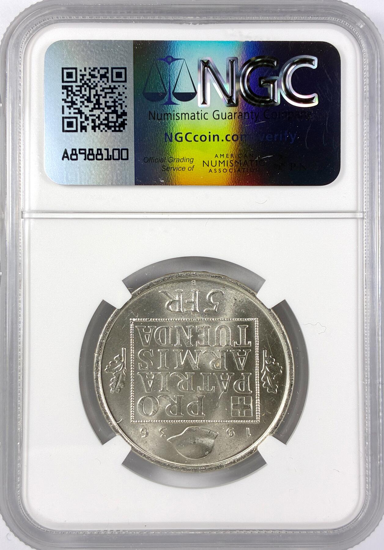 【雨安】【直播拍卖】【世界币章117期-评级币】2025-11-29 周六 19:30 保真 [评级欧洲] Switzerland 瑞士 5法郎 1936年 军备基金 KM# 41  NGC-MS64