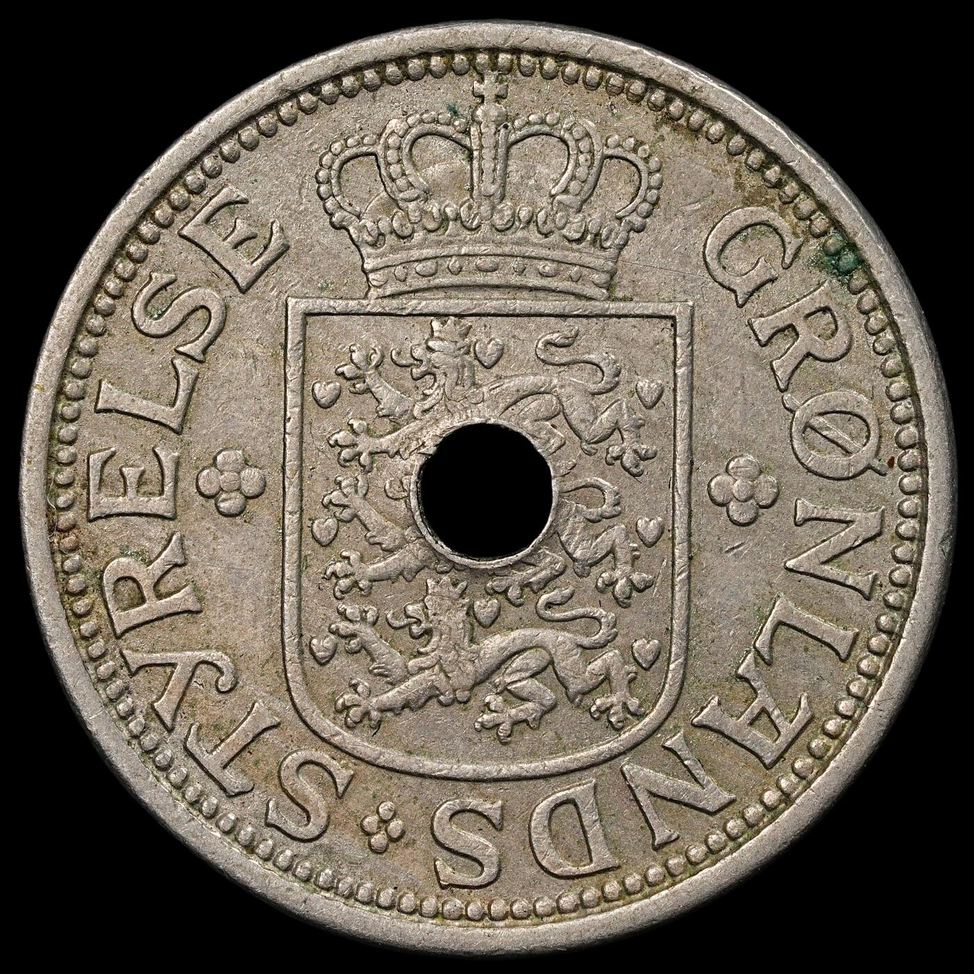 修遠堂世界钱币第九十五期 1926年格陵兰中孔25欧尔  1940/41年在纽约打孔，以避免 与1克朗硬币混淆，仅打孔6万枚