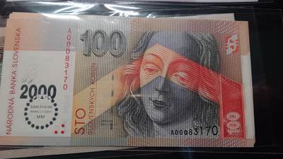 世界钱币～微拍第217期暨2025年第57期  近日新到货品少量 以及老库存一些 - 2000年捷克斯洛伐克100克朗 纪念钞全新绝品无4尾号3170