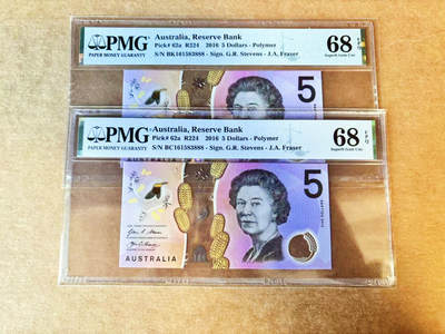 【Blue Auction】世界纸币精拍第756期——18级TOP拍卖/信誉/品质/专业/高效💫 - 【一组2张同号 888豹子号无47】澳大利亚 2016年5元  PMG68EPQ 高分