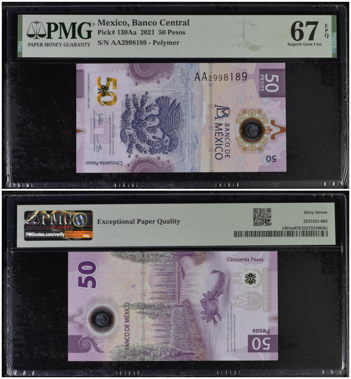 《艾美收藏》第222期-11.30周日外币畅拍 (5张全部签名大全套)墨西哥2021年首发AA冠50比索PMG67E无47 获奖钞 六角恐龙 一步到位