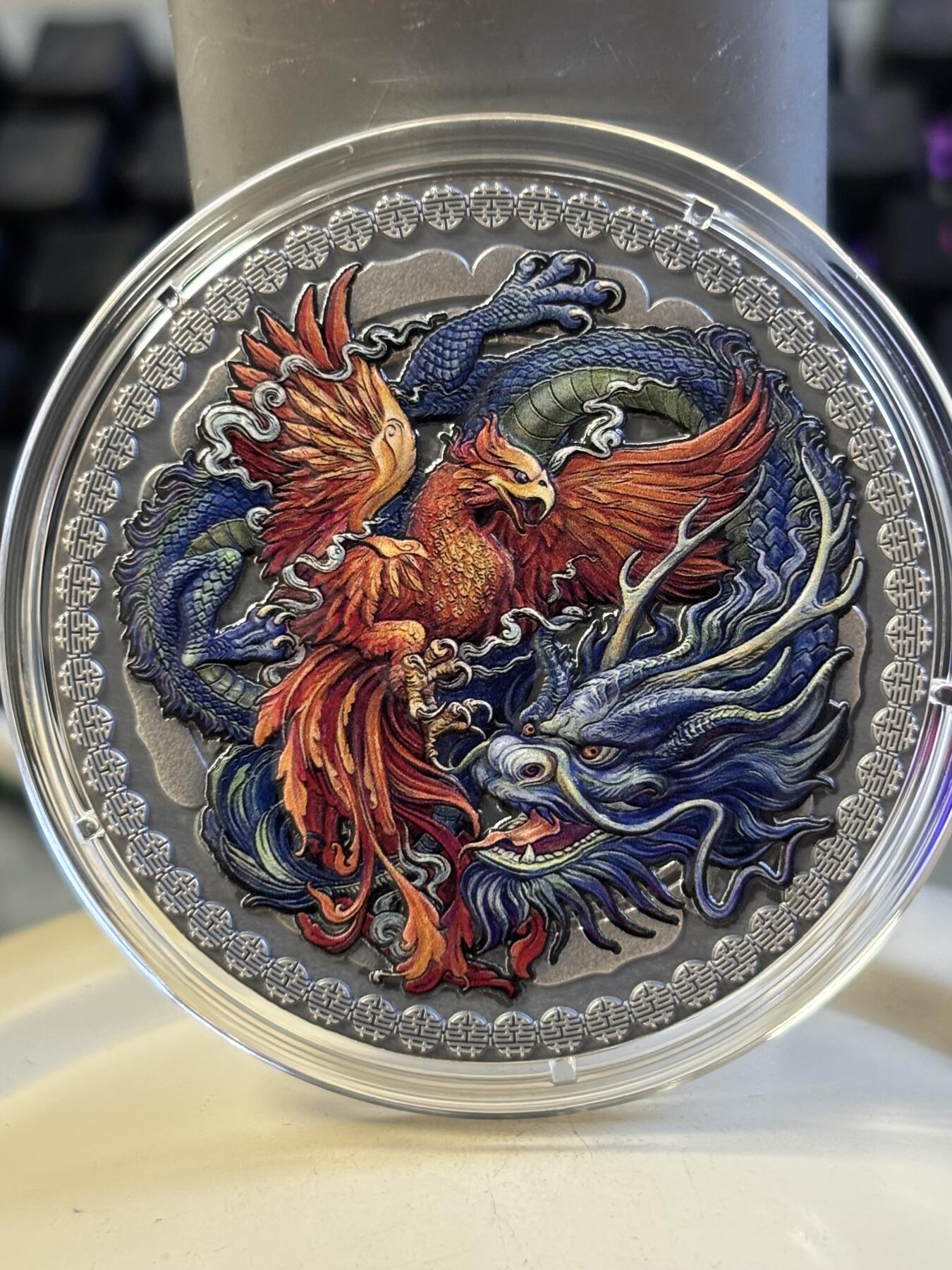 第183期拍卖 加纳2021年中国文化龙凤仿古彩色50克纪念银币，999银，发行888枚