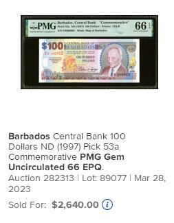 【Blue Auction】世界纸币精拍第756期——18级TOP拍卖/信誉/品质/专业/高效💫 【p53a】巴巴多斯1997 年100元 正面为首任总理格兰特利·亚当斯爵士 背面为特拉法尔加广场（根据伦敦同名地标而建）议会大厦 央行成立25周年纪念钞 WBG67EPQ严评高分（仅14枚记录 2年多前66分曾拍出2640美元）