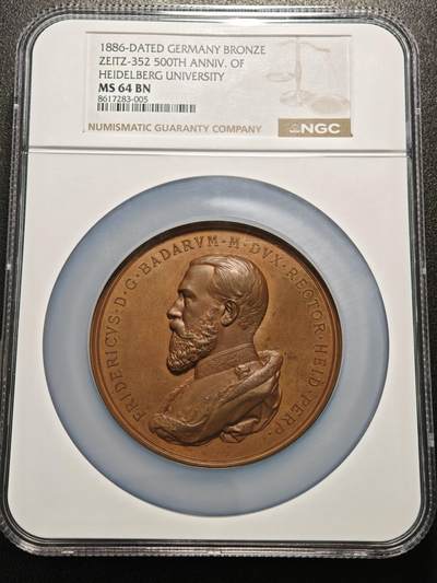 【德藏】世界币章拍卖第155期（拍品征集中~欢迎藏友联系） - 1886年 德国海德堡大学成立500周年75mm纪念大铜章 NGC MS64BN 亚军分 仅枚更高 超大尺寸 浮雕极其优美 细节刻画极其细致