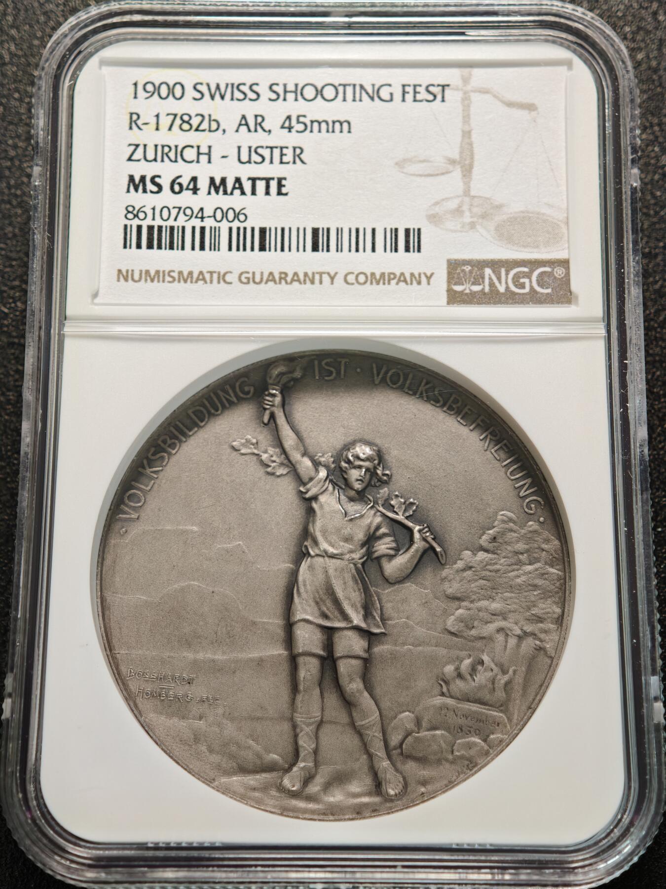 【德藏】世界币章拍卖第155期（拍品征集中~欢迎藏友联系） 1900年 瑞士苏黎世乌斯特射击节纪念银章 NGC MS64MATTE 发行量500枚 市场流通量小于150枚 亚军分