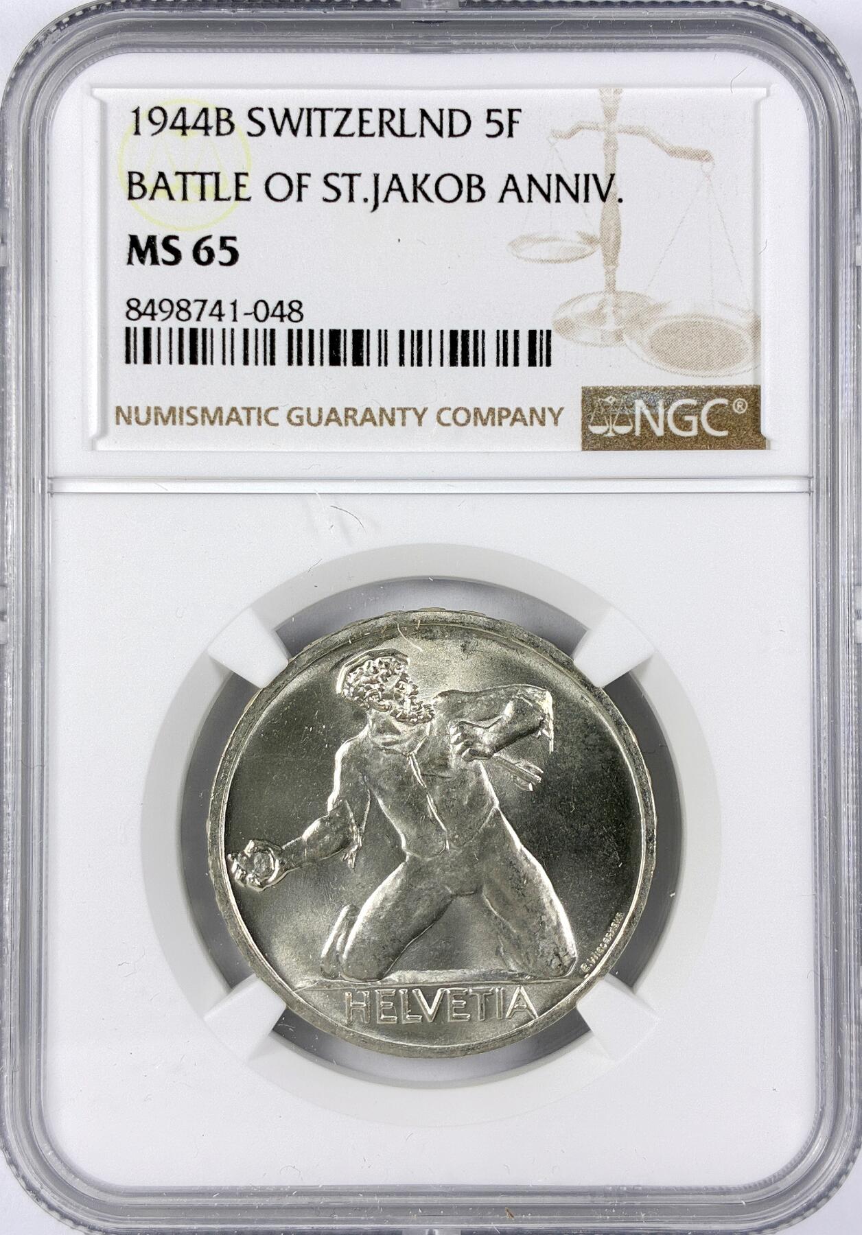 【雨安】【直播拍卖】【世界币章117期-评级币】2025-11-29 周六 19:30 保真 [评级欧洲] Switzerland 瑞士 5法郎 1944年 圣雅各布比尔斯战役 KM# 45  NGC-MS65