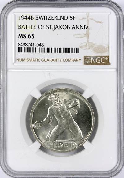 【雨安】【直播拍卖】【世界币章117期-评级币】2025-11-29 周六 19:30 保真 - [评级欧洲] Switzerland 瑞士 5法郎 1944年 圣雅各布比尔斯战役 KM# 45  NGC-MS65