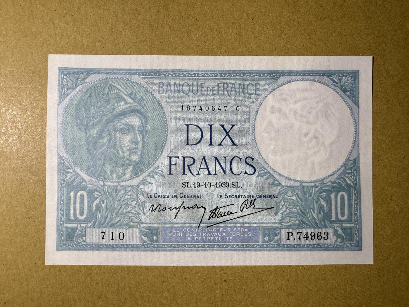 《艾美收藏》第222期-11.30周日外币畅拍 法国10法郎 UNC 1939年 罗马神话中的智慧女神弥涅耳瓦