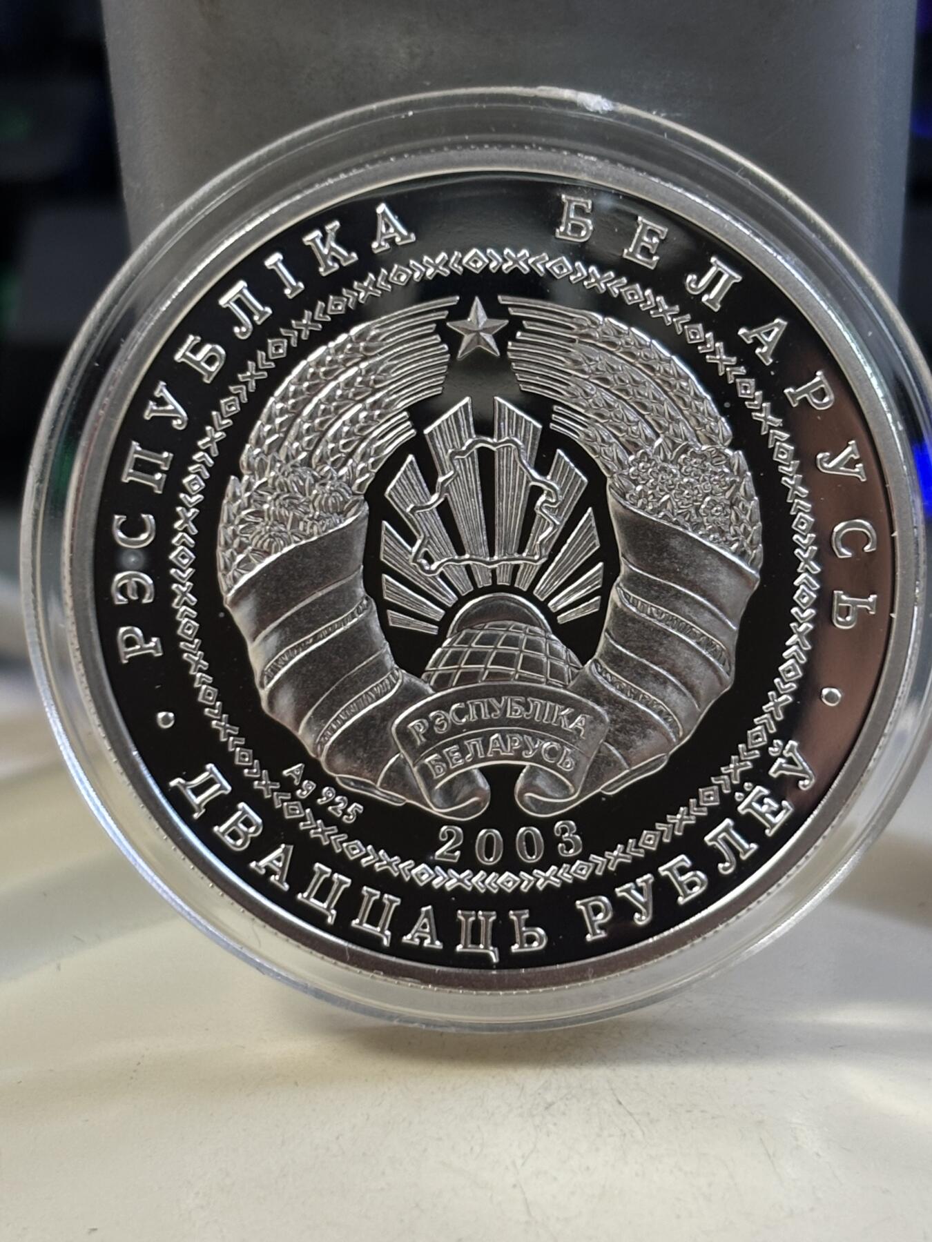 第183期拍卖 获奖白俄罗斯2003年疣鼻白天鹅纪念银币，本币荣获2005年克劳斯世界硬币大赛“最佳克朗币”大奖，925银，有氧化