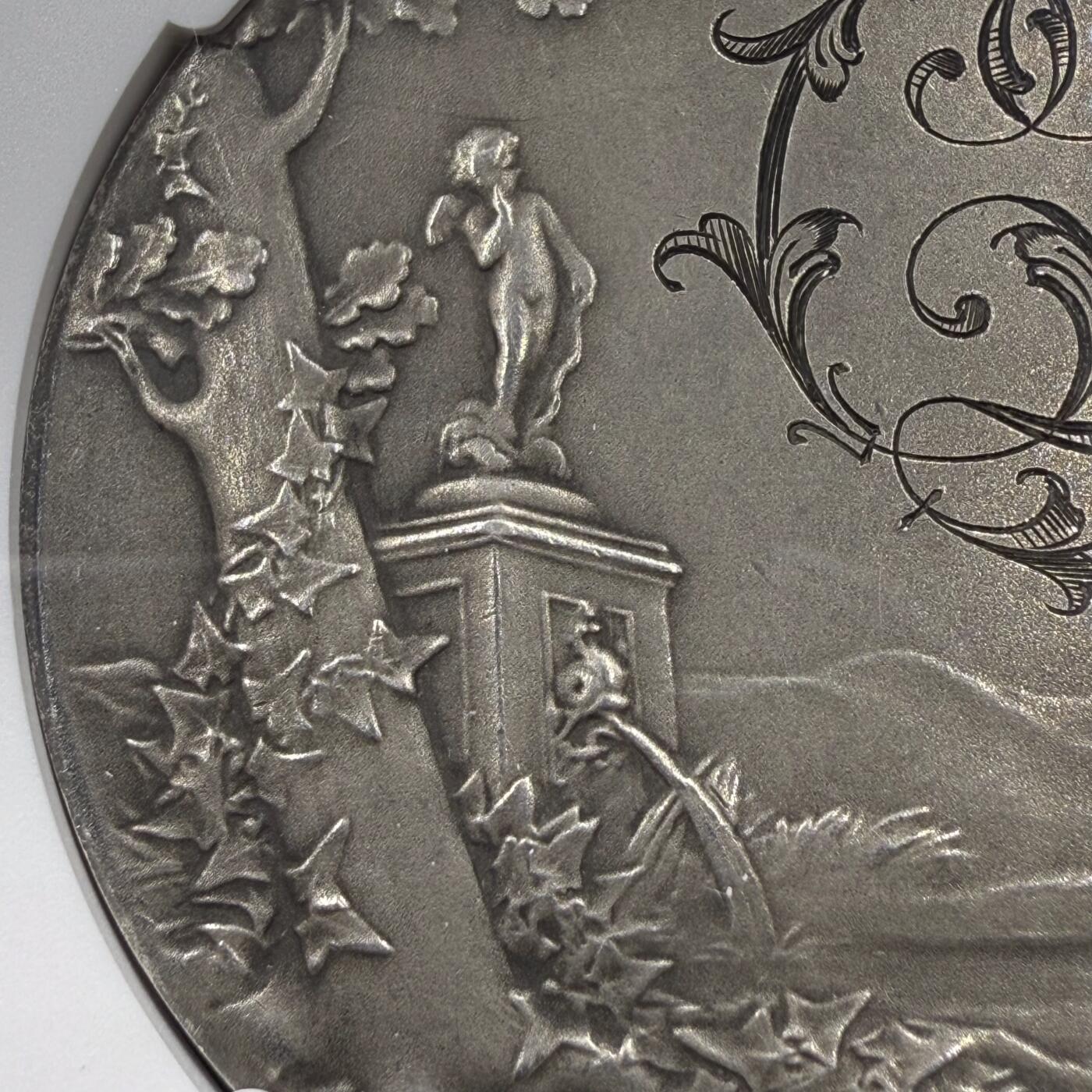 「木头集藏」章牌精品专场！ O.Roty～1898年法国“SEMPER”永恒的爱 婚礼纪念银章，MS 62，直径：41 mm，少见双面刻字，名家经典，品相不错。