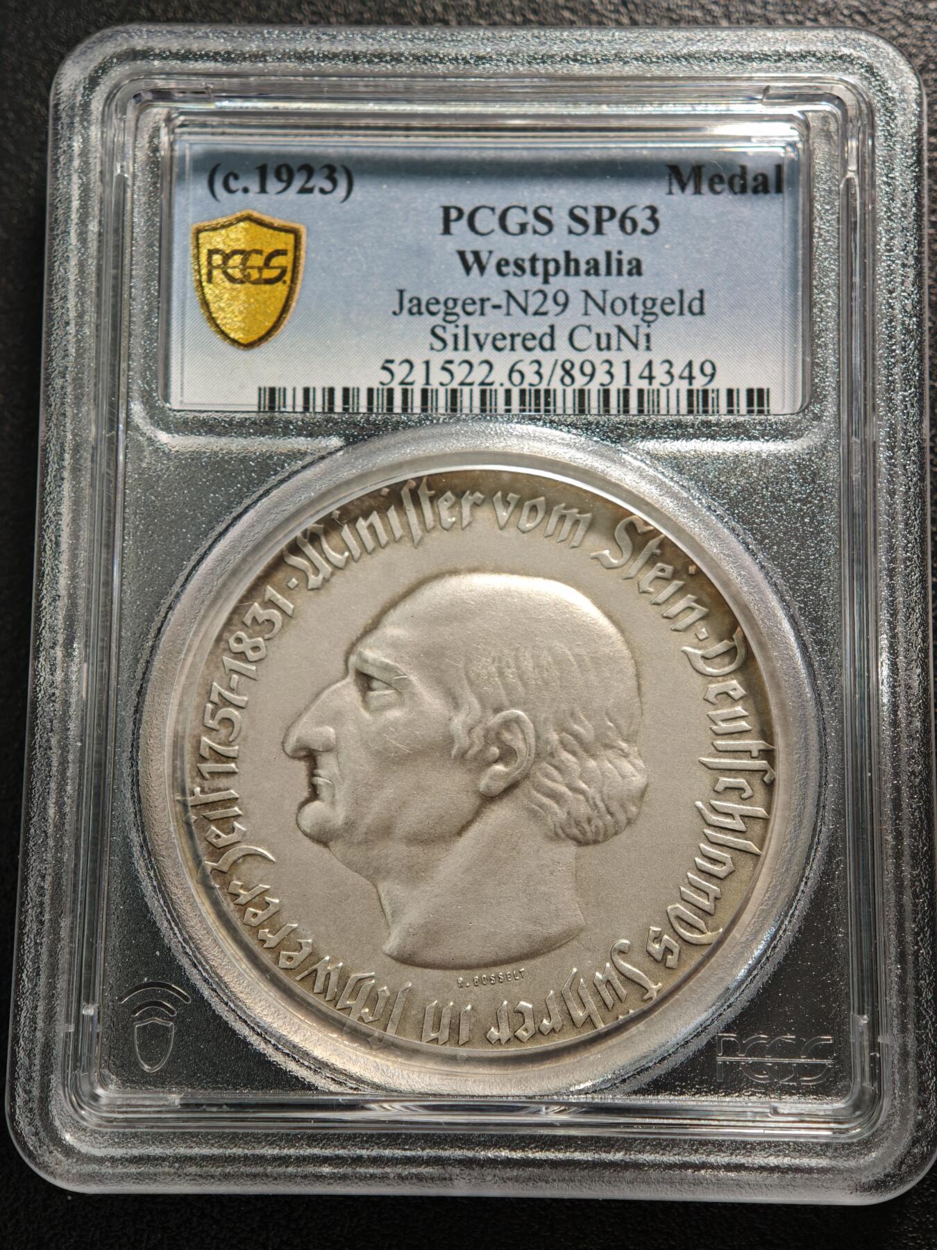 【德藏】世界币章拍卖第155期（拍品征集中~欢迎藏友联系） 稀少品种！1923年 德国德紧威斯特法伦马币双面人像章 PCGS SP63 磨砂质感 人物刻画传神