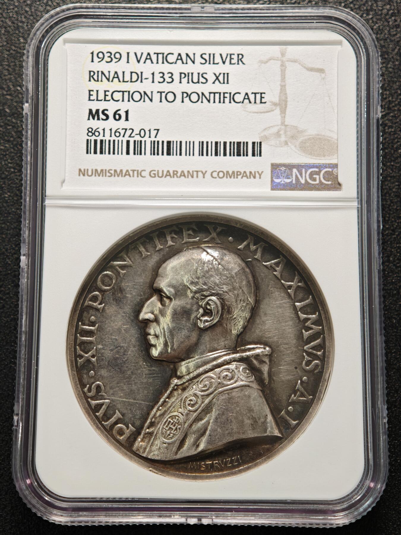 【德藏】世界币章拍卖第155期（拍品征集中~欢迎藏友联系） 1939年 梵蒂冈庇护十二世当选新任教皇高浮雕纪念银章 NGC MS61 细节刻画极其细致 立体感十足