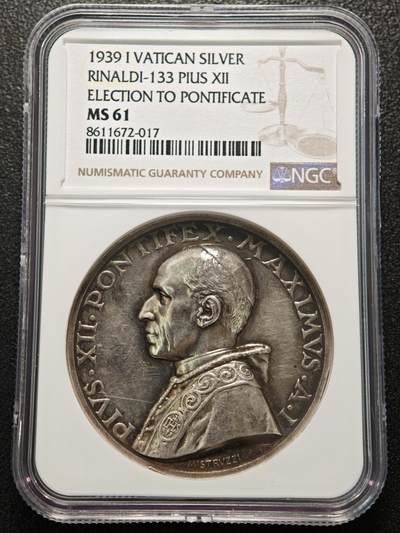 【德藏】世界币章拍卖第155期（拍品征集中~欢迎藏友联系） - 1939年 梵蒂冈庇护十二世当选新任教皇高浮雕纪念银章 NGC MS61 细节刻画极其细致 立体感十足