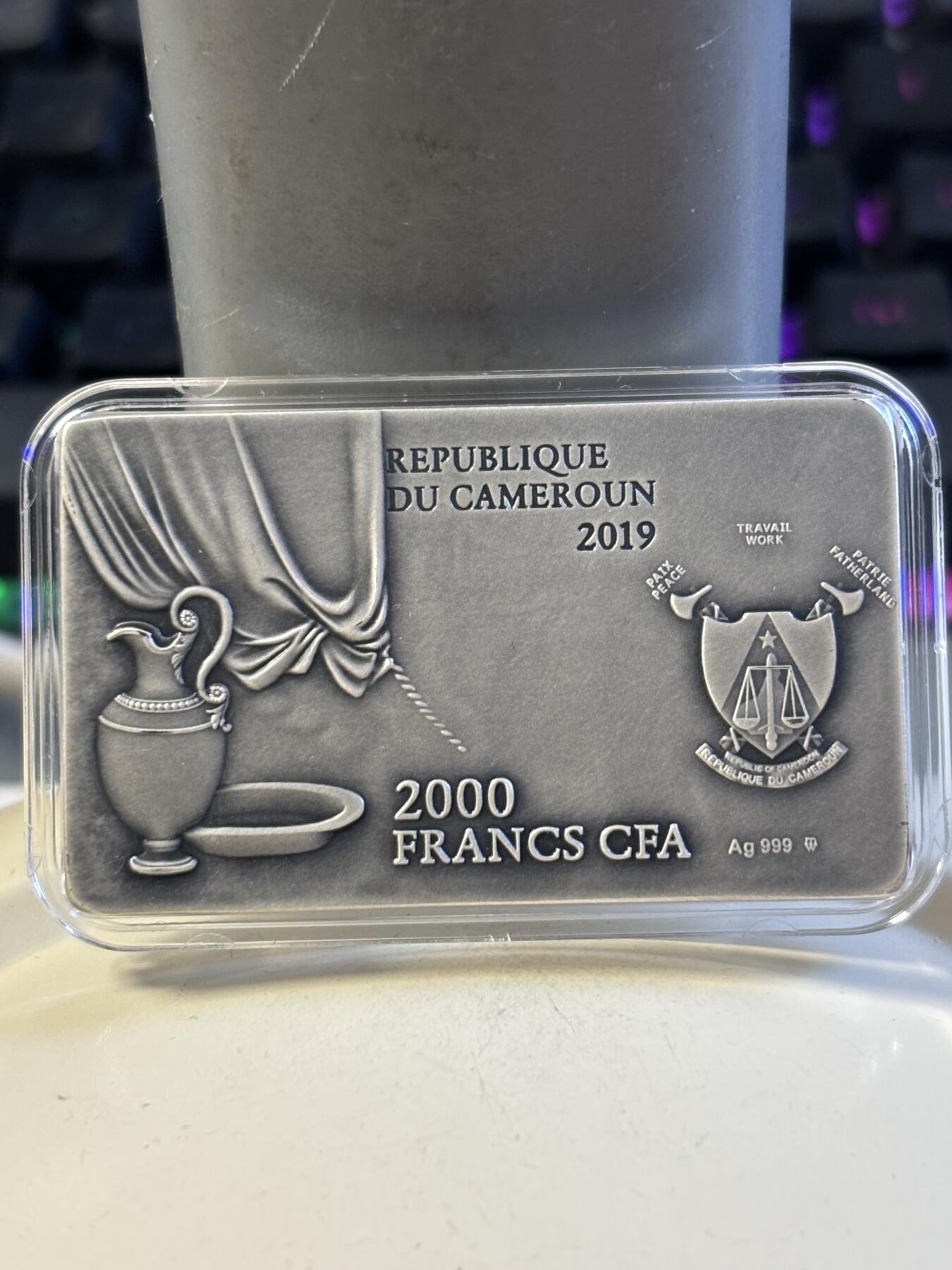第183期拍卖 喀麦隆2019年最后的晚餐高浮雕2盎司矩形纪念银币，2盎司，发行999枚，有一个点有氧化
