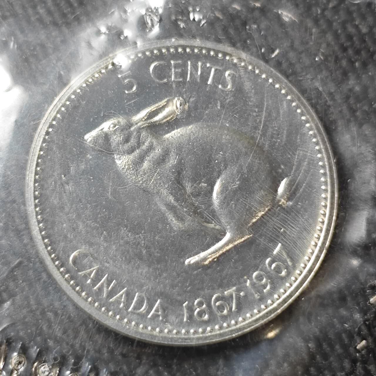 KK钱币收藏小铺 （套币 好品/批量散币 银币）专场  2月预留时间 周末发货   1967加拿大建国200周年 5分精制纪念币 塑封