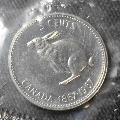 KK钱币收藏小铺 （套币 好品/批量散币 银币）专场  2月预留时间 周末发货 -   1967加拿大建国200周年 5分精制纪念币 塑封