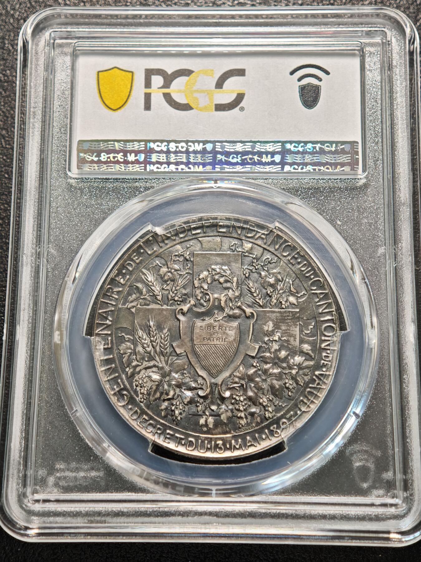 【德藏】世界币章拍卖第155期（拍品征集中~欢迎藏友联系） 1897年 瑞士沃州独立百年纪念银章 PCGS SP64 五彩包浆 绚丽多彩 极具吸引力 亚军分 仅2枚更高