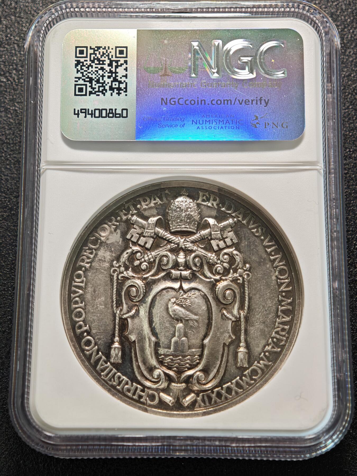 【德藏】世界币章拍卖第155期（拍品征集中~欢迎藏友联系） 1939年 梵蒂冈庇护十二世当选新任教皇高浮雕纪念银章 NGC MS61 细节刻画极其细致 立体感十足