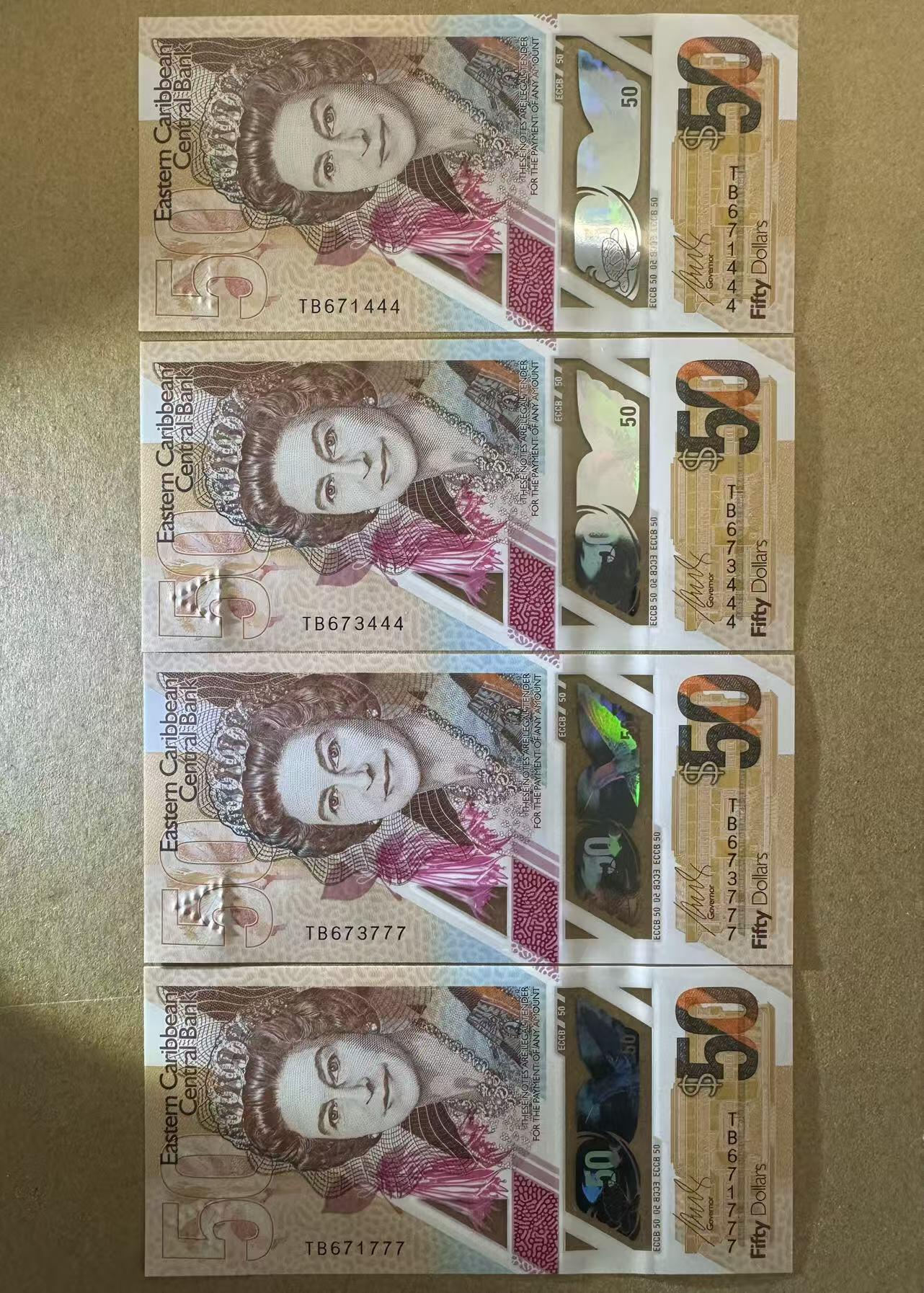 【Blue Auction】世界纸币精拍第756期——18级TOP拍卖/信誉/品质/专业/高效💫 【一组4张豹子号】东加勒比 50元 塑料钞 女王 全新UNC