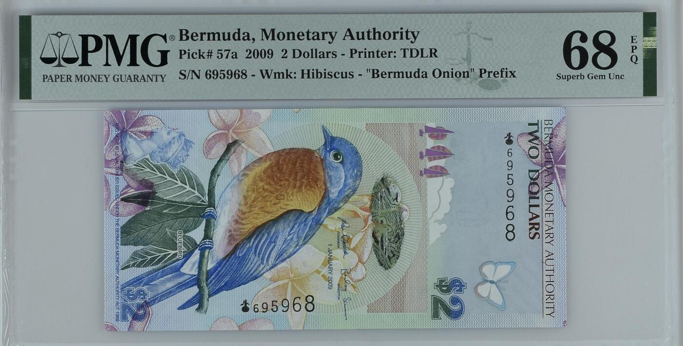 《艾美收藏》第222期-11.30周日外币畅拍 百慕大2009年首发洋葱冠2元PMG68E亚军分无347尾68 冠军69分仅2张 IBNS获奖钞 蓝鸟