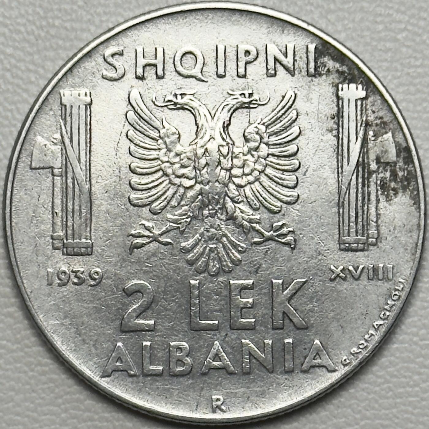 ＜小葵钱铺＞第66期·散币·银币场·满200包邮，不寄存·12月1号发货 〈无磁性版〉意占阿尔巴尼亚1939年维克托·伊曼纽尔三世2列克硬币