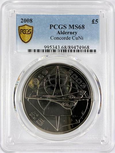 【雨安】【直播拍卖】【世界币章117期-评级币】2025-11-29 周六 19:30 保真 - [评级现代] Alderney 奥尔德尼 5镑 2008年 协和式超音速客机  PCGS-MS68