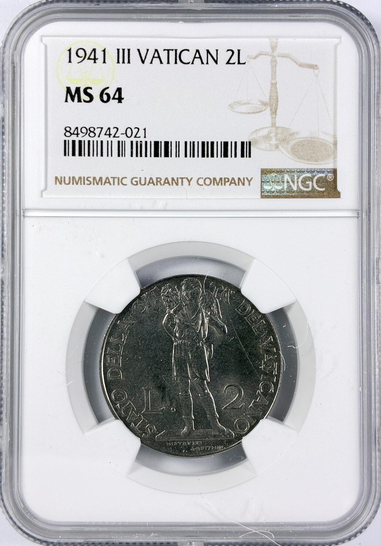 【雨安】【直播拍卖】【世界币章117期-评级币】2025-11-29 周六 19:30 保真 [评级欧洲] Vatican 梵蒂冈 2里拉 1941年  NGC-MS64