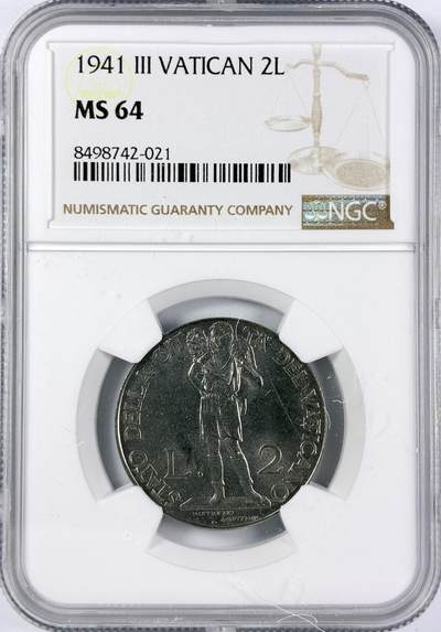 【雨安】【直播拍卖】【世界币章117期-评级币】2025-11-29 周六 19:30 保真 - [评级欧洲] Vatican 梵蒂冈 2里拉 1941年  NGC-MS64
