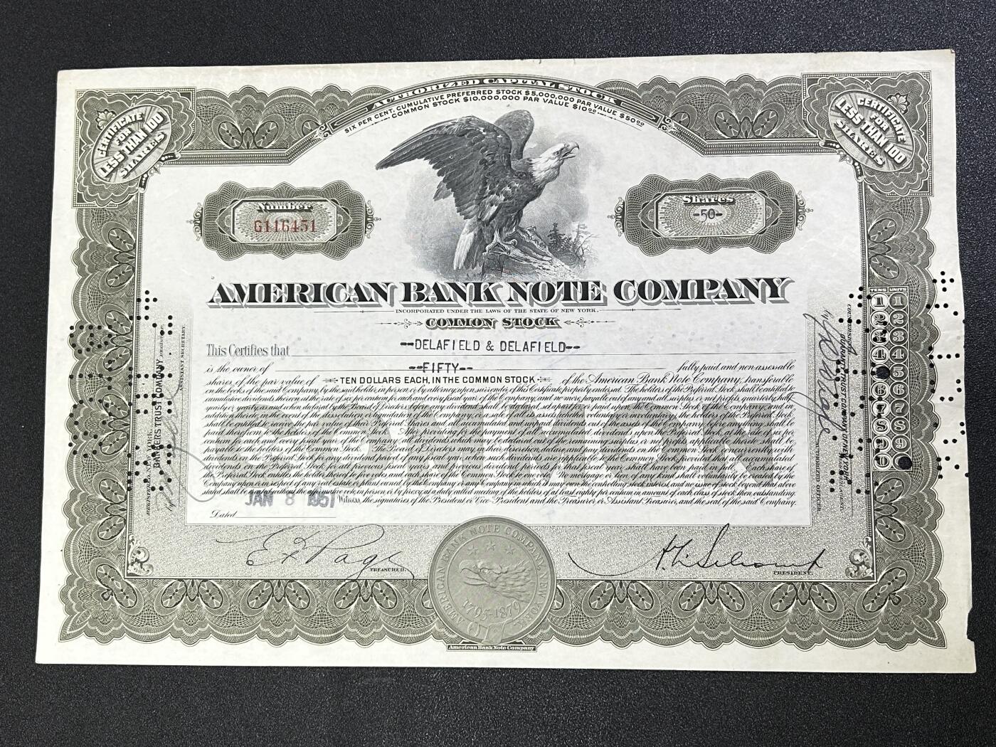 西秦中古拍卖第六十七期 19951年美国钞票公司股票