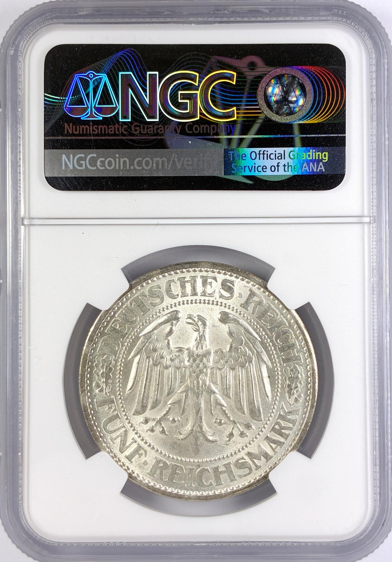 【雨安】【直播拍卖】【世界币章117期-评级币】2025-11-29 周六 19:30 保真 [评级德国] Germany 德国 魏玛 5马克 KM#56 橡树 1932年F  NGC-MS66 难得的高分