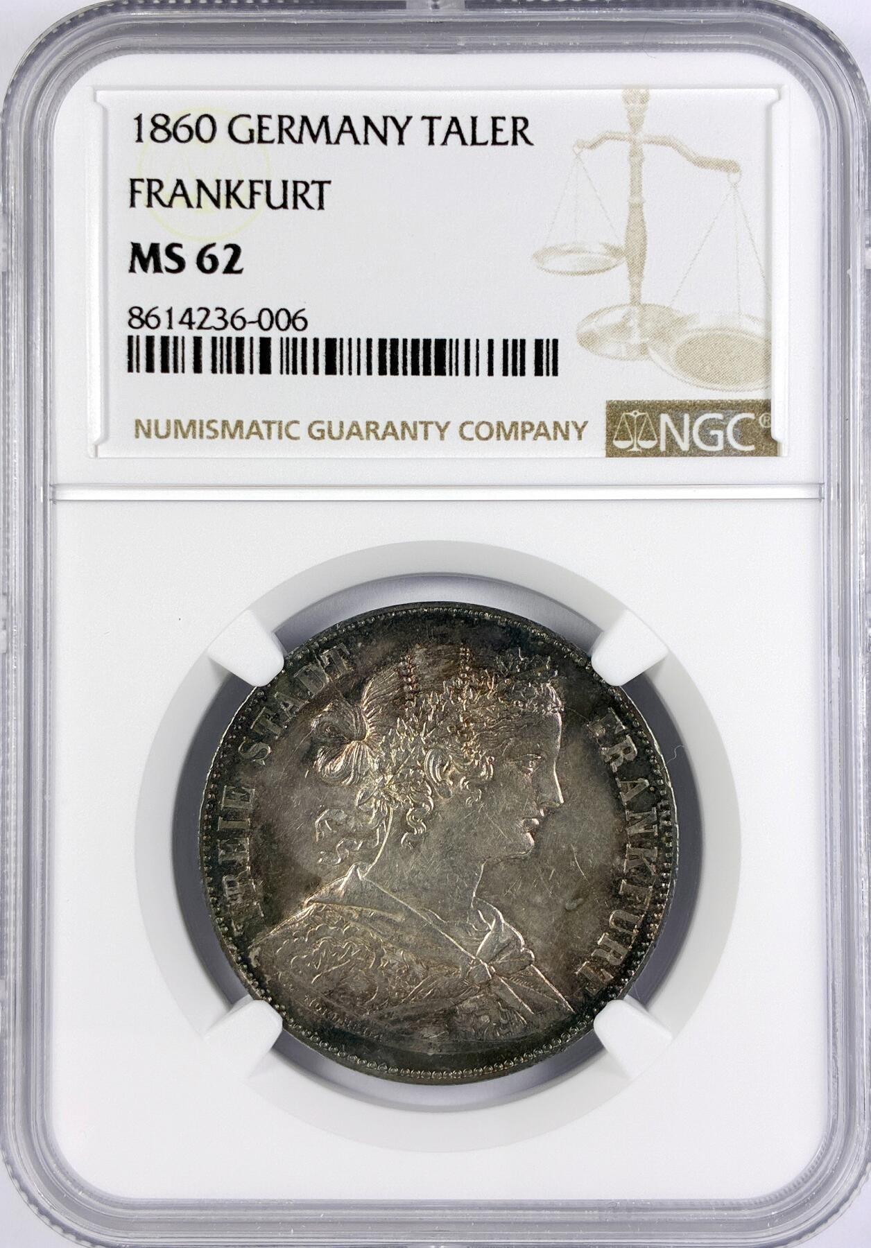 【雨安】【直播拍卖】【世界币章117期-评级币】2025-11-29 周六 19:30 保真 [评级德国] Germany 德国 德意志 1泰勒 Frankfurt法兰克福 Thun.142 KM#0360 (1859-1860) 法兰克福少女 1860年  NGC-MS62 味道好光度极佳 严评