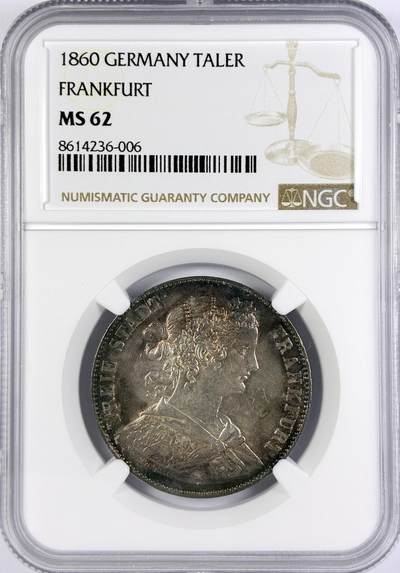 【雨安】【直播拍卖】【世界币章117期-评级币】2025-11-29 周六 19:30 保真 - [评级德国] Germany 德国 德意志 1泰勒 Frankfurt法兰克福 Thun.142 KM#0360 (1859-1860) 法兰克福少女 1860年  NGC-MS62 味道好光度极佳 严评