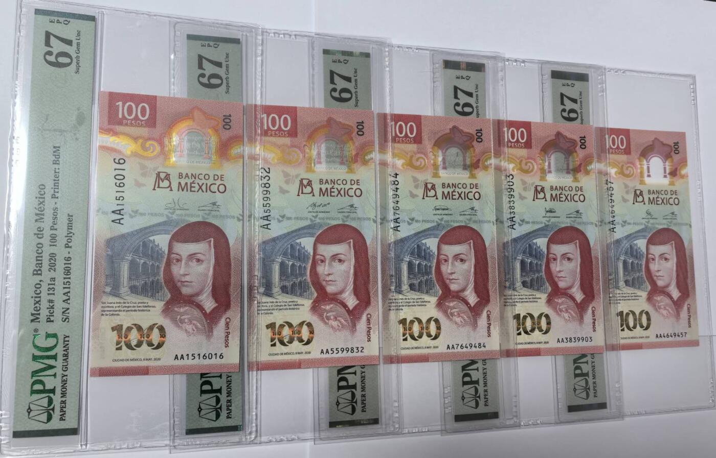 《艾美收藏》第222期-11.30周日外币畅拍 (5张全部签名大全套)墨西哥2020年首发AA冠100比索PMG67E 获奖钞 凑齐不易 一步到位