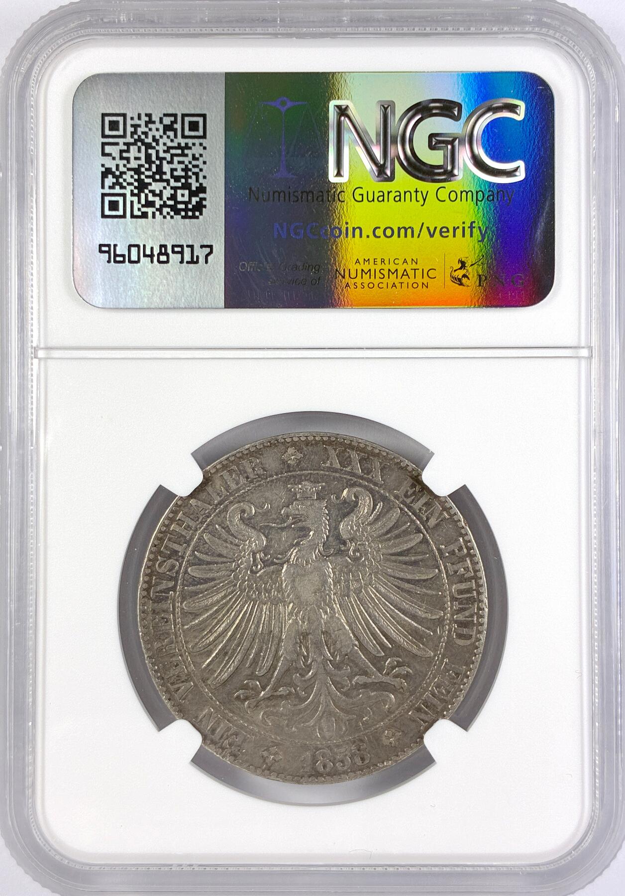 【雨安】【直播拍卖】【世界币章117期-评级币】2025-11-29 周六 19:30 保真 [评级德国] Germany 德国 德意志 1泰勒 Frankfurt法兰克福 Thun.141 KM#0354 (1857-1858) 法兰克福少女.教堂 1858年  NGC-XF45