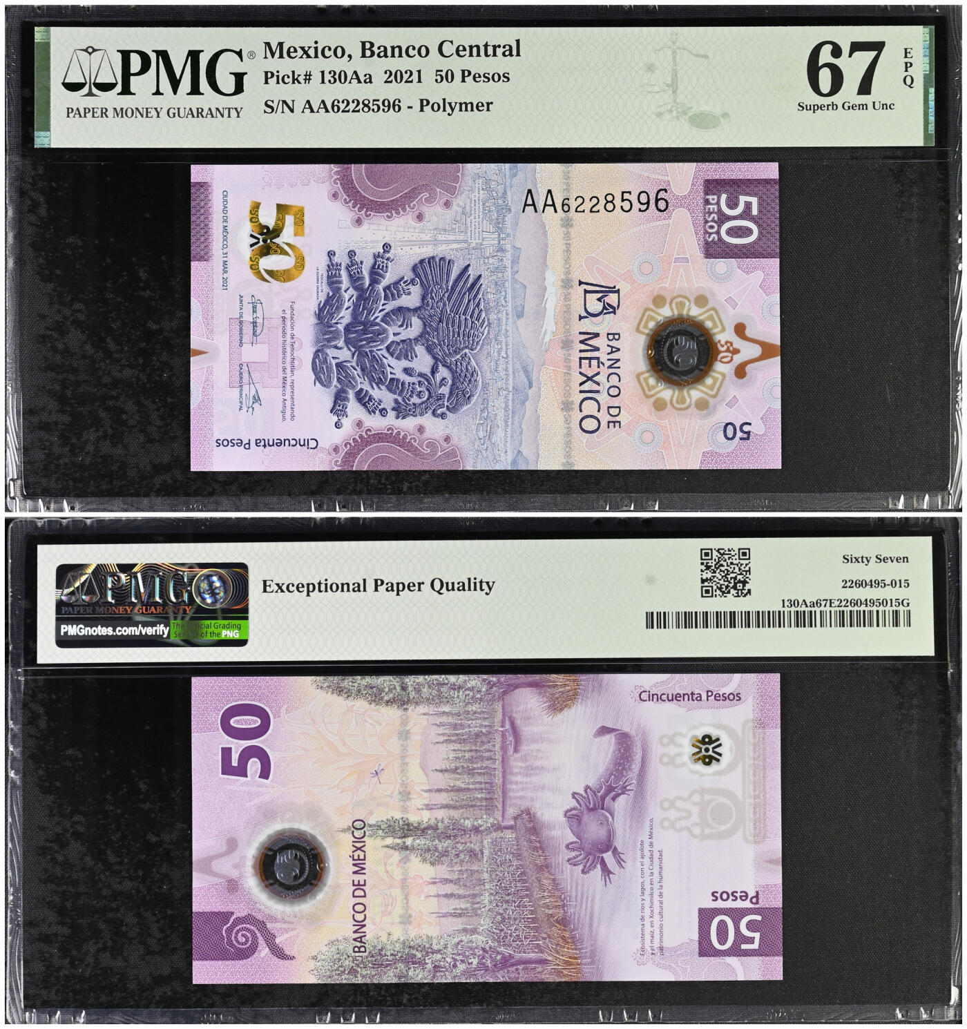 《艾美收藏》第222期-11.30周日外币畅拍 (5张全部签名大全套)墨西哥2021年首发AA冠50比索PMG67E无47 获奖钞 六角恐龙 一步到位