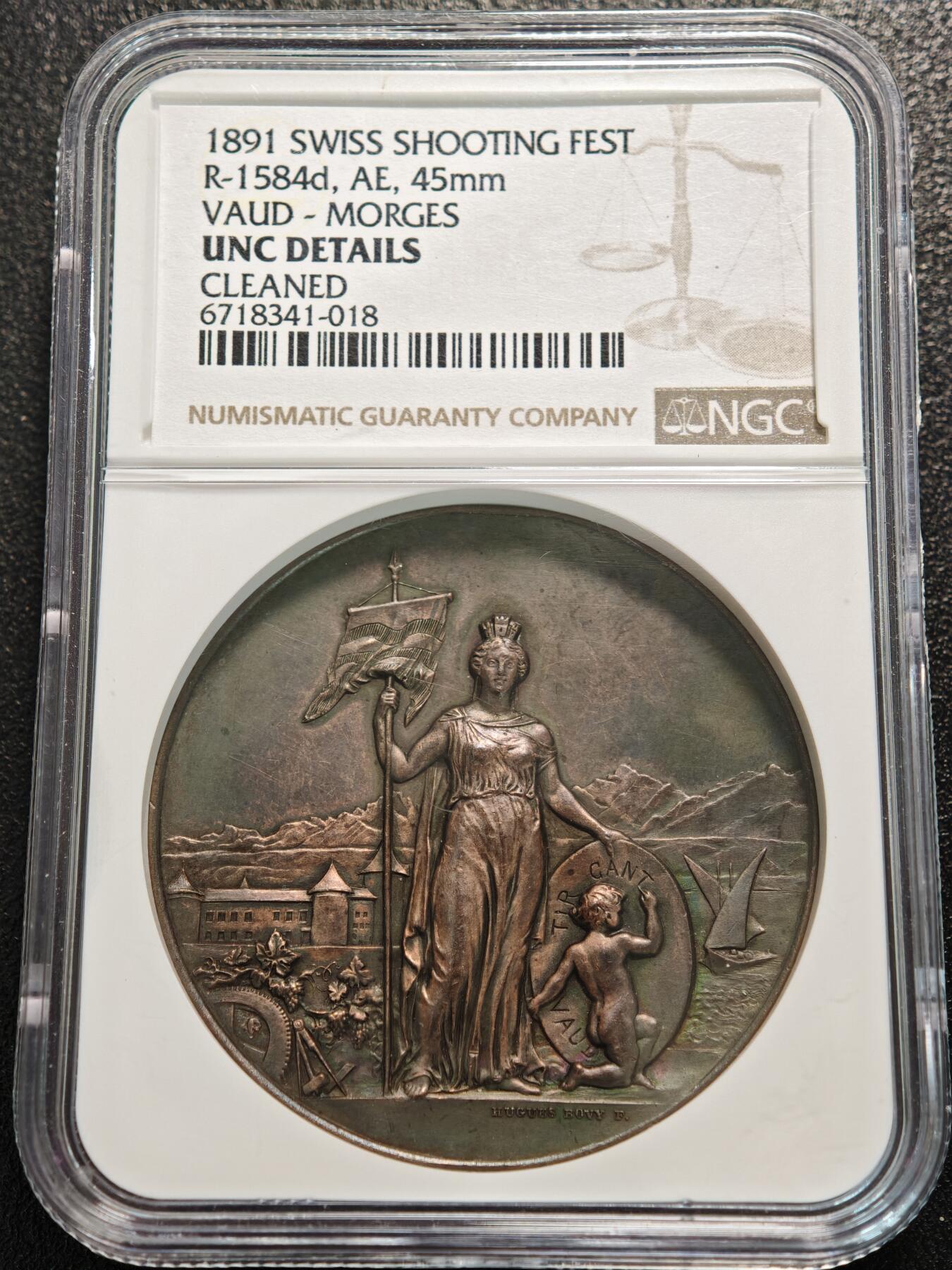 【德藏】世界币章拍卖第155期（拍品征集中~欢迎藏友联系） 1891年 瑞士沃州射击节高浮雕纪念铜章 NGC UNC 浮雕感极强