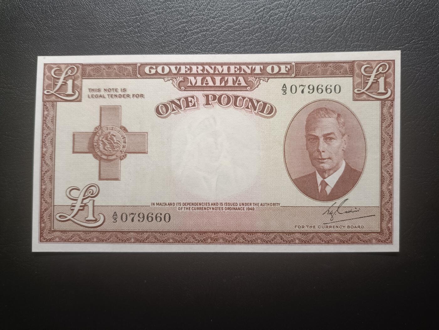 2025十一月第七期，总205期 英属马耳他1949版1镑UNC-，老年乔治六世国王，稀有英属殖民地品种