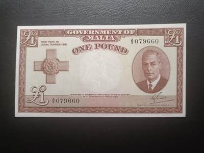 2025十一月第七期，总205期 - 英属马耳他1949版1镑UNC-，老年乔治六世国王，稀有英属殖民地品种