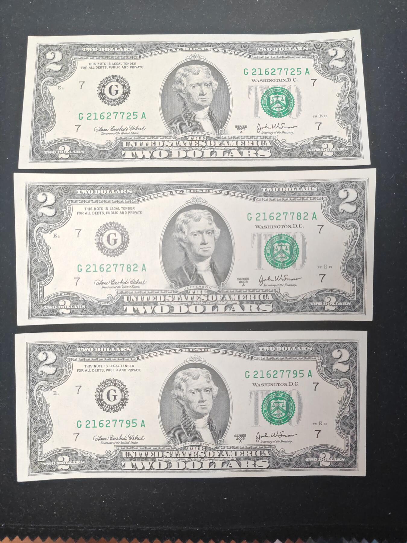 美国纸币 2003年 A 2美元 G区 无4 全新UNC 单价